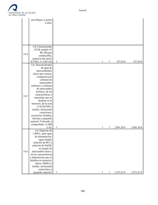 Tomo III
yeso blanco y portes
a obra.
14.4
Ud. Electrobomba
ITUR modelo 55
RC-00 para
combustible,
potencia del motor
0,37Kw. (1.250 L/h) 1 1 1 337,54 € 337,54 €
14.5
Ud. Descalcificador
de agua de
intercambiador
iónico por resinas,
compuesto por
columna de
intercambio
catiónico y columna
de intercambio
aniónico, de las
características y
materiales que se
detallan en la
memoria, de la casa
CALINTER o
similar, incluyendo
conexiones,
accesorios, bombas,
válvulas y pequeño
material. Colocado y
comprobado. (1.000
L/h). 1 1 1 2.001,56 € 2.001,56 €
14.6
Ud. Depósito de
1.000 L. para agua
de alimentación,
agua tratada,
solución de HCl y
solución de NaOH,
en equipo de
intercambio iónico,
de las características
y dimensiones que se
detallan en memoria,
marca AIQSA o
similar, incluyendo
conexiones y
pequeño material. 1 1 1 1.871,67 € 1.871,67 €
106
 