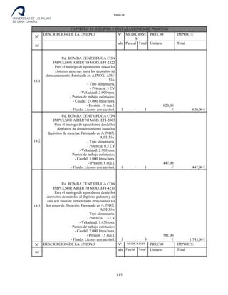Tomo III
CAPITULO 18: EQUIPOS E INSTALACIONES DE PROCESO
Nº
DESCRIPCION DE LA UNIDAD Nº MEDICIONE
S
PRECIO IMPORTE
ud
uds
.
Parcial Total Unitario Total
18.1
Ud. BOMBA CENTRIFUGA CON
IMPULSOR ABIERTO MOD. EFI-2222
Para el trasiego de aguardiente desde las
cisternas externas hasta los depósitos de
almacenamiento. Fabricada en A.INOX. AISI-
316.
- Tipo alimentaria.
- Potencia: 3 CV
- Velocidad: 2.900 rpm.
- Puntos de trabajo estimados:
- Caudal: 25.000 litros/hora.
- Presión: 10 m.c.l.
- Fluido: Licores con alcohol. 1 1 1
620,00
€ 620,00 €
18.2
Ud. BOMBA CENTRIFUGA CON
IMPULSOR ABIERTO MOD. EFI-2003
Para el trasiego de aguardiente desde los
depósitos de almacenamiento hasta los
depósitos de mezclas. Fabricada en A.INOX.
AISI-316.
- Tipo alimentaria.
- Potencia: 0.5 CV
- Velocidad: 2.900 rpm.
- Puntos de trabajo estimados:
- Caudal: 5.000 litros/hora.
- Presión: 8 m.c.l.
- Fluido: Licores con alcohol. 1 1 1
447,00
€ 447,00 €
18.3
Ud. BOMBA CENTRIFUGA CON
IMPULSOR ABIERTO MOD. EFI-4211
Para el trasiego de aguardiente desde los
depósitos de mezclas al depósito pulmón y de
este a la línea de embotellado atravesando las
dos zonas de filtración. Fabricada en A.INOX.
AISI-316.
- Tipo alimentaria.
- Potencia: 1.5 CV
- Velocidad: 1.450 rpm.
- Puntos de trabajo estimados:
- Caudal: 2.000 litros/hora.
- Presión: 15 m.c.l.
- Fluido: Licores con alcohol. 3 1 3
581,00
€ 1.743,00 €
Nº DESCRIPCION DE LA UNIDAD Nº MEDICIONES PRECIO IMPORTE
ud
uds
.
Parcial Total Unitario Total
115
 