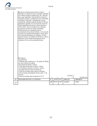 Tomo III
► tabla de colchonescaracterísticas:• Chasis
fabricado con tubular de acero inoxidable.• Montado
en el chasis incorpora colchones ggr. de 1.340 mm.,
para coger lasbotellas.• Descripción de colchones:-
Armadura metálica y membrana de tela vulcanizada,
reforzada en cada lado.- Alimentación con aire
comprimido mediante latiguillo flexible de 300 mm.
delongitud, equipado con un material de conexión.-
Filtros reguladores de presión y electroválvulas a
24/48 voltios.- Para el vaciado de los colchones,
incorpora un eyector de vaciado multietapa.-
Electroválvula con 2 pulsadores para el
accionamiento de las electroválvulas.- En la zona de
conexión con el gancho del polipasto, incluye barra
de nivelación delconjunto de colchones.- Incluye
deposito nodriza con calderín de 100 litros y válvula
antiretorno, para evitarla descompresión de los
colchones en el caso de una parada fortuita.
► Polipasto
Características:
• Polipasto tipo armenara ak -1, de cadena de 500 kg.
con carro eléctrico de subida.
• Recorrido del gancho 3 metros.
• Velocidad de elevación 4 metros / minuto.
• Velocidad de traslación 10 metros / minuto.
• Incorpora final de carrera de dirección.
• Todo ello montado sobre juego de columnas
• El movimiento del polipasto lo hace sobre “i” de
120 mm.
• Placas de anclaje, para la sujeción en f-111.
1 1 1
22.279,11
€ 22.279,11 €
Nº DESCRIPCION DE LA UNIDAD Nº MEDICIONES PRECIO IMPORTE
ud
uds
.
Parcial Total Unitario Total
123
 