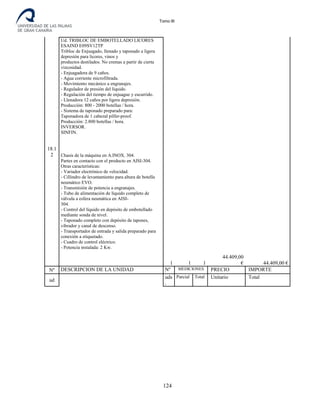Tomo III
18.1
2
Ud. TRIBLOC DE EMBOTELLADO LICORES
ESAIND E09SV12TP
Tribloc de Enjuagado, llenado y taponado a ligera
depresión para licores, vinos y
productos destilados. No cremas a partir de cierta
vizcosidad.
- Enjuagadora de 9 caños.
- Agua corriente microfiltrada.
- Movimiento mecánico a engranajes.
- Regulador de presión del líquido.
- Regulación del tiempo de enjuague y escurrido.
- Llenadora 12 caños por ligera depresión.
Producción: 800 - 2000 botellas / hora.
- Sistema de taponado preparado para:
Taponadora de 1 cabezal pilfer-proof.
Producción: 2.800 botellas / hora.
INVERSOR.
SINFIN.
Chasis de la máquina en A.INOX. 304.
Partes en contacto con el producto en AISI-304.
Otras características:
- Variador electrónico de velocidad.
- Cillindro de levantamiento para altura de botella
neumático EVO.
- Transmisión de potencia a engranajes.
- Tubo de alimentación de líquido completo de
válvula a esfera neumática en AISI-
304.
- Control del líquido en depósito de embotellado
mediante sonda de nivel.
- Taponado completo con depósito de tapones,
vibrador y canal de descenso.
- Transportador de entrada y salida preparado para
conexión a etiquetado.
- Cuadro de control eléctrico.
- Potencia instalada: 2 Kw.
1 1 1
44.409,00
€ 44.409,00 €
Nº DESCRIPCION DE LA UNIDAD Nº MEDICIONES PRECIO IMPORTE
ud
uds
.
Parcial Total Unitario Total
124
 