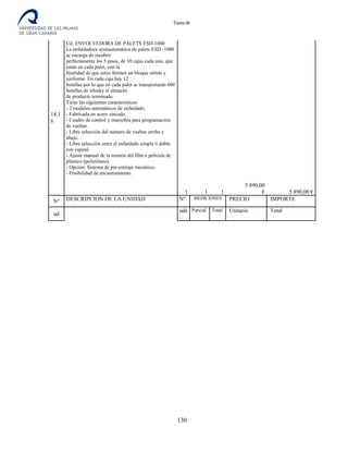 Tomo III
18.1
6
Ud. ENVOLVEDORA DE PALETS ESD-1000
La enfardadora semiautomática de palets ESD -1000
se encarga de recubrir
perfectamente los 5 pisos, de 10 cajas cada uno, que
están en cada palet, con la
finalidad de que estos formen un bloque sólido y
uniforme. En cada caja hay 12
botellas por lo que en cada palet se transportarán 600
botellas de whisky al almacén
de producto terminado.
Tiene las siguientes características:
- 2 modelos automáticos de enfardado.
- Fabricada en acero zincado.
- Cuadro de control y maniobra para programación
de vueltas.
- Libre selección del número de vueltas arriba y
abajo.
- Libre selección entre el enfardado simple ó doble
con espiral.
- Ajuste manual de la tensión del film o película de
plástico (polietileno).
- Opción: Sistema de pre-estiraje mecánico.
- Posibilidad de encastramiento.
1 1 1
5.890,00
€ 5.890,00 €
Nº DESCRIPCION DE LA UNIDAD Nº MEDICIONES PRECIO IMPORTE
ud
uds
.
Parcial Total Unitario Total
130
 