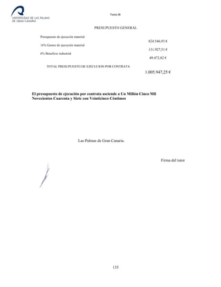 Tomo III
PRESUPUESTO GENERAL
Presupuesto de ejecución material
824.546,93 €
16% Gastos de ejecución material
131.927,51 €
6% Beneficio industrial
49.472,82 €
TOTAL PRESUPUESTO DE EJECUCION POR CONTRATA
1.005.947,25 €
El presupuesto de ejecución por contrata asciende a Un Millón Cinco Mil
Novecientos Cuarenta y Siete con Veinticinco Céntimos
Las Palmas de Gran Canaria.
Firma alumno Firma del tutor
135
 