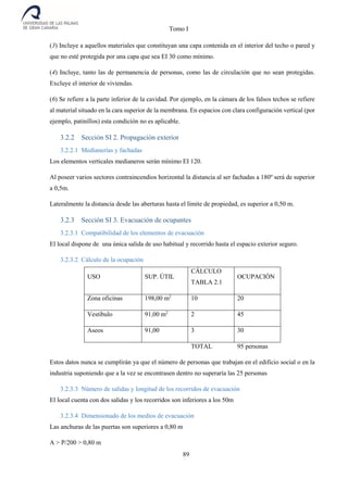 Tomo I
89
(3) Incluye a aquellos materiales que constituyan una capa contenida en el interior del techo o pared y
que no esté protegida por una capa que sea EI 30 como mínimo.
(4) Incluye, tanto las de permanencia de personas, como las de circulación que no sean protegidas.
Excluye el interior de viviendas.
(6) Se refiere a la parte inferior de la cavidad. Por ejemplo, en la cámara de los falsos techos se refiere
al material situado en la cara superior de la membrana. En espacios con clara configuración vertical (por
ejemplo, patinillos) esta condición no es aplicable.
3.2.2 Sección SI 2. Propagación exterior
3.2.2.1 Medianerías y fachadas
Los elementos verticales medianeros serán mínimo EI 120.
Al poseer varios sectores contraincendios horizontal la distancia al ser fachadas a 180º será de superior
a 0,5m.
Lateralmente la distancia desde las aberturas hasta el límite de propiedad, es superior a 0,50 m.
3.2.3 Sección SI 3. Evacuación de ocupantes
3.2.3.1 Compatibilidad de los elementos de evacuación
El local dispone de una única salida de uso habitual y recorrido hasta el espacio exterior seguro.
3.2.3.2 Cálculo de la ocupación
USO SUP. ÚTIL
CÁLCULO
TABLA 2.1
OCUPACIÓN
Zona oficinas 198,00 m2
10 20
Vestibulo 91,00 m2
2 45
Aseos 91,00 3 30
TOTAL 95 personas
Estos datos nunca se cumplirán ya que el número de personas que trabajan en el edificio social o en la
industria suponiendo que a la vez se encontrasen dentro no superaría las 25 personas
3.2.3.3 Número de salidas y longitud de los recorridos de evacuación
El local cuenta con dos salidas y los recorridos son inferiores a los 50m
3.2.3.4 Dimensionado de los medios de evacuación
Las anchuras de las puertas son superiores a 0,80 m
A > P/200 > 0,80 m
 