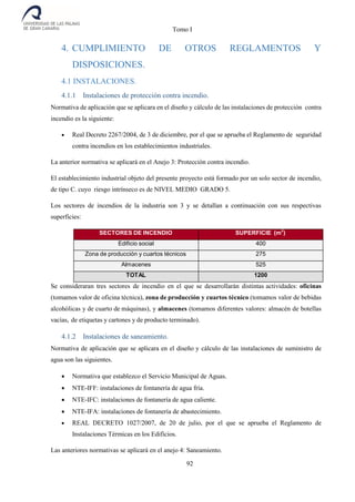 Tomo I
92
4. CUMPLIMIENTO DE OTROS REGLAMENTOS Y
DISPOSICIONES.
4.1 INSTALACIONES.
4.1.1 Instalaciones de protección contra incendio.
Normativa de aplicación que se aplicara en el diseño y cálculo de las instalaciones de protección contra
incendio es la siguiente:
 Real Decreto 2267/2004, de 3 de diciembre, por el que se aprueba el Reglamento de seguridad
contra incendios en los establecimientos industriales.
La anterior normativa se aplicará en el Anejo 3: Protección contra incendio.
El establecimiento industrial objeto del presente proyecto está formado por un solo sector de incendio,
de tipo C. cuyo riesgo intrínseco es de NIVEL MEDIO GRADO 5.
Los sectores de incendios de la industria son 3 y se detallan a continuación con sus respectivas
superficies:
SECTORES DE INCENDIO SUPERFICIE (m
2
)
Edificio social 400
Zona de producción y cuartos técnicos 275
Almacenes 525
TOTAL 1200
Se consideraran tres sectores de incendio en el que se desarrollarán distintas actividades: oficinas
(tomamos valor de oficina técnica), zona de producción y cuartos técnico (tomamos valor de bebidas
alcohólicas y de cuarto de máquinas), y almacenes (tomamos diferentes valores: almacén de botellas
vacías, de etiquetas y cartones y de producto terminado).
4.1.2 Instalaciones de saneamiento.
Normativa de aplicación que se aplicara en el diseño y cálculo de las instalaciones de suministro de
agua son las siguientes.
 Normativa que establezco el Servicio Municipal de Aguas.
 NTE-IFF: instalaciones de fontanería de agua fría.
 NTE-IFC: instalaciones de fontanería de agua caliente.
 NTE-IFA: instalaciones de fontanería de abastecimiento.
 REAL DECRETO 1027/2007, de 20 de julio, por el que se aprueba el Reglamento de
Instalaciones Térmicas en los Edificios.
Las anteriores normativas se aplicará en el anejo 4: Saneamiento.
 