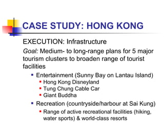 CASE STUDY: HONG KONG EXECUTION: Infrastructure Goal:  Medium- to long-range plans for 5 major tourism clusters to broaden range of tourist facilities Entertainment (Sunny Bay on Lantau Island) Hong Kong Disneyland Tung Chung Cable Car Giant Buddha Recreation (countryside/harbour at Sai Kung) Range of active recreational facilities (hiking, water sports) & world-class resorts 