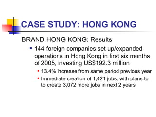 CASE STUDY: HONG KONG BRAND HONG KONG: Results 144 foreign companies set up/expanded operations in Hong Kong in first six months of 2005, investing US$192.3 million 13.4% increase from same period previous year  Immediate creation of 1,421 jobs, with plans to to create 3,072 more jobs in next 2 years 