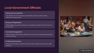 Local Government Officials
Infrastructure Investment
Local officials ensure the development of transportation, utilities, and other essential
infrastructure to support tourism.
Zoning and Regulations
Officials establish and enforce zoning laws and regulations to manage the impact of tourism on
the community.
Community Engagement
Officials collaborate with residents to address their concerns and incorporate local perspectives
into tourism planning.
Funding and Incentives
Officials provide funding, tax incentives, and other support to attract and retain tourism-related
businesses.
 