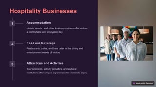 Hospitality Businesses
1 Accommodation
Hotels, resorts, and other lodging providers offer visitors
a comfortable and enjoyable stay.
2 Food and Beverage
Restaurants, cafes, and bars cater to the dining and
entertainment needs of visitors.
3 Attractions and Activities
Tour operators, activity providers, and cultural
institutions offer unique experiences for visitors to enjoy.
 