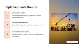 Implement and Monitor
Project Execution
Oversee the development and construction of tourism-
related infrastructure.
Ongoing Management
Ensure efficient operations and continuous improvement of
the destination.
Performance Evaluation
Regularly assess the project's impact and make necessary
adjustments.
 
