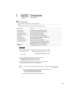 Grammar
The causative
if) 'he causative y
%
subject + have in the correct form + object + past participle
Use
To show that someone arranges for someone else to do something for them
H Tense / modal Example
If present simple Mrs Taylor has her car cleaned once a month.
u present continuous She is having the tyres checked at the moment.
fi present perfect simple She has had the windscreen replaced.
HỊ present perfect continuous This is not usually used in the causative.
8 past simple She had the car filled up with petrol yesterday.
H past continuous She was having the car repaired when 1 last saw her.
JJ past perfect simple She had had the engine checked.
11 past perfect continuous This is not usually used in the causative.
2 will and other modals She will have a car alarm fitted when she can afford it
She would have air bags put in but it's too expensive.
s be going to
She is going to have a new car radio installed.
If -ing form She might stop having the car cleaned so often.
Helpful hints
Look at the differences between a normal active sentence and a sentence in the causative.
Normal active sentence: Someone cleans Mrs Taylor's car every week.
In the causative:
Mrs Taylor has her car cleaned every week.
We can also use get instead of have. Get is more informal than have.
/ I'm going to have my hair cut tomorrow, (more formal)
/ I’m going to get my hair cut tomorrow, (more informal)
Just as with the passive (see Unit 11), we can use by to show who does the action. /
We're having a family photo taken by a local photographer.
« With the causative, have always comes before the noun and the past participle always comes
after the noun.
When we ask questions using the causative, the past participle stays after the noun.
/ Did you have the furniture delivered yesterday?
X Did you have-delivered the furniture yesterday?
Some verbs have irregular past participle forms. See page 182.
169
 