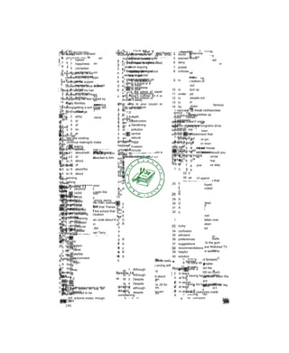Review 2
1 progress
2 exam
3 favour
4 skill
5 heart
6 instance
7 mark
8 fact
im
9 (r)ubbed out
10 (r)ip up
11 (c)ross/out
12 (l)ook up
13 (r)ead out
14 (p)ointed out
15 (w)ritten down
c
16 instructor
17 reference
18 beginner
19 division
20 incorrect
21 bravery
22 education
23 memorial
24 silence
25 simplify
m
26 A
27 c
28 c
29 B
30 B
31 D
32 c
33 A
34 in
35 about
36 about
37 about
38 of
39 with
40 with
41 with
42 of/about
43 in
Unit 7
is meeting Alison at Friends Café
is going shopping with her mum
is catching the train to
Brighton
is spending the day with Charlie
in Brighton
is catching the train home at
am
is working in her dad's shop all
morning
1 will visit
2 will find
3 Will/lend
4 will have
5 will take
6 will live
7 won't be
8 Shall/come
am going toplay
are going tostart
Is/going to tell
am going to look
isn't going to invite
Is/going to be
are going tobreak
am going tolie down
1 leaves
2 arrive
3 take
4 come
1 will do
2 am seeing
3 are you going to do
4 Will you tell
5 is going to grow
6 are having
7 will remember
8 Are you going
9 will pass
10 will complain
m
1 B
2 c
B
B
A
A
Unit 8
in
on
at
V
on
in
at
on
in
at
in
in
on
in
on
on
in
at
in
on
in
on
on
at
to
to
at/in
at
to
to
in
on
in 10
to ■
at
in
on
on
in
236
6 in 6 B
7 at 7 D
8 at 8 G
—
1 to 1 set off
2 in 2 go away
3 in 3 get off
4 to 4 took off
5 at 5 get out
6 to 6 got in(to)
at
at
7 got on
8 are going back
9 at
10 at sH
11 in 1 on holiday
2 on schedule
3 by bus
Unit 9 4 on the coast
5 on foot
A 6 on board
1
2
3
4
5
7
luggag
e
souven
ir
platfor
m
journe
y
harbou
r
destina
tion
vehicle
1 flown
2 attractive
3 choice
4 drove
5 visitors
6 travellers
7 uncomfortable
8 departure
9 backwards
10 directions
11 provide you with
12 am going to
13 on the coast
14 get off
15 go on foot
16 by car
17 go back to
18 taking off
19 flew
20 driver
21 travellers
22 attractive
23 comfortable
24 departure
25 chose
26 direction
27 B
28 A
29 c
30 D
31 A
32 B
33 B
34 A
traffic
crowded
cruise
foreign
passport
resort
1
2
3
4
5
6
cancelled
reach
pack
book
delayed
catch
c
F
H
A
E
35 A
1 for/at 36 c
2 aựvvith 37 A
3 for/for 38 B
4 from/to 39 D
5 for/about 40 D
6 for/for 41 D
42 B
Review 3
Unit 10
1 that JA|
2 V 1
3 distance
4 V 2
5 in 3
6 of 4
7 V 5
8 there 6
9 to 7
10 on 8
given
delivered
told
isn't
Was your money stolen
weren't
be
237
Unit 11
are arrested/are taken
is usually kept
Will we be told
was invented
Will you be allowed
will be given
Was AidarTs bike found
1 D
2 F
3 A
4 B
5 c
6 E
c
was robbed
were called
was investigated
were found
were caught
will be sent to prison
1 blown
2 haven’t
3 being
4 has
5 be
6 awarded
7 Has
8 by
Example answers
1 are usually fixed at a/the
garage
2 will be held in Beijing in China
3 are usually awarded to film
stars
4 am not allowed to eat in class
5 was given a new computer
6 be given some new clothes
1 the letters be sent
2 pizza is eaten
3 cars aren't made
4 the animals usually fed
5 we won't be given
6 she taken
1 were
2 were
3 are
4 was
5 are
6 are
7 not/never
8 were
9 was
10 is
11 are
12 are
13 are
14 are
15 will
1 by
2 with
3 by
4 by
5 with
6 with
7 by
m
1 has been taken by
2 should be cooked
3 is being shown
4 hadn't been invented
5 was being done
6 were being washed with
■
1 is shared (by everyone)
2 is cooked by Lisa's dad
3 is going to be helped by Lisa
4 was done by Lisa's mum
5 has been done by Lisa
6 is delivered (by someone from
the supermarket)
7 is cleaned nearly every day
8 It might (next) be cleaned later
today.
9 are swept with a really old brush
10 should be used
Unit 12
grateful
generous
3 single
4 patient
5 divorced
6 independent
7 loyal
8 loving
9 confident
10 private
11 close
12 cool
13 ordinary
couple
guests
relations
stranger
boyfriend
mood
neighbourhood
flat
girlfriend
introduced
trusted
decorated
respected
apologised
defended
rented
recognised
1 down
2 on
3 up
4 out
5 up
6 out/up
7 after
1 brought
2 look
3 growing
4 get
5 fallen
6 split
7 going
8 let
in
1 in
2 in
3 by
238
on
in
forgiveness
liar
careful
dishonest
disabled
confidence
personal
relationship
V
1 -ality
2 -less
3 ■y
4 -ation
5 -ility
6 ■tion
7 -ions/i
1 of
2 to
3 about
4 to
5 with
6 of
7 of
8 for
9 to
10 about
11 about
12 with
13 to
14 for
Review 4
introduce
recognise
apologise
rent
trust
respect
defend
after
up
out
up
out
13 admiration 10 has
14 careless
15 liar Wế
16 disabled 1 some
17 forgave 2 a little/a piece of/some
18 personality 3 a few/some
19 confidence 4 a little/some
20 dishonest 5 a little/a piece of/some
6 a few/some
D 7 a little/some
21 was given 8 a little/a piece of/some
22 we were introduced
23 has been wt
24 hadn't been told 1 have any information
25 is married to 2 a bit of
26 is being fed by 3 isn't much
27 should be cut with/using 4 many cans
28 don't care (about) 5 another piece of
29 am not allowed 6 a little cream
30 are going to be invited
D
c
B
A
D
B
A
D
B
c
Unit 13
1 puppies
2 men
3 watches
4 women
5 teeth
6 people
7 feet
8 children
1 is
2 was
3 look
4 has
5 was
6 Does
7 It's
8 seem
1 A
2 B
3 A
4 A
5 B
6 B
1 little
2 are
3 is
4 has
5 are
6 few
7 any/some
Unit 14
1 a
2 an
3 a
4 the
5 the
6 a
7 the
8 an
a
- 3
a
4 the
6 the
6 —
7 the
8 a
9 the
10 a
1 the
2 the
3 the
4 a
5 the
6 the
7 a
8 an
... iri thê sixties
...read a book
... gave us â surprise test
... joned the police s ...
to be a writer
... m the sky
We had a great time in the
USA,
Let’s go to Belgium for a week
this summer.
Where’s the money I gave you on
the fifteenth of last month?
I'd like to jom the army dnd
become a soldier.
For Christmas, I got a book, a
DVD and the latest CD by my
favourite band.
They say that the English dunk
a lot of tea.
I heard a song on the radio
that I roaliy liked .
Do the Japanese and other
people in Asia eat cheese?
Gary: It’s the/a lovely day, isn't it?
Let’s walk down to d/the shops
and look around.
Helen: That’s an/a good idea.
I'll iust have a IOOK in a/the
kitchen and see what we need.
Gary: I got a/some milk
yesterday. Su we don't need
any more. Wé might need
a/some bread, though.
Helen: Okay. Bread...oh, and the/a
packet of sugar. After shopping,
we could go to â/the P(ÌW market
in a/the town centre and see what
they ha/e.
Gary: Right, you get vour coat and
m get a/the car keys.
Unit 15
1 an advertisement
2 customers
3 profit
4 fortune
5 requires
6 demand
7 supply
1 invest
2 save
3 waste
4 obtained
5 import
6 owns
7 selected
8 purchase
1 brand
2 receipt
3 variety
4 com
5 sale
6 property
7 fee
8 change
1 down
2 saving
3 hurry
4 giving
5 adding
6 back
7 come
8 taking
s
1 in
2 by
3 for
4 in
5 for
6 in
1 service
2 decision
3 affordable
4 truth
5 useful
6 comparison
7 valuable
8 expensive
9 judgement
10 addition
■
1 to
2 from
3 for
4 with
5 on
6 to
7 OP
choose between
compare/with
borrowed/irom
advertisement fur/on
wrong about
Review 5
A
1 the
2 to
3 an
4 the
5 for
6 by
7 a
8 bit
9 in
10 lot
11 decision
12 expensive
13 useless
14 servants
15 affordable
16 untrue
17 valuable
18 compare
240
borrow some money from
choose between
take the sweater back
are in debt
hurry up
in cash
are wrong about
cars for rent
A
c
D
D
c
A
B
D
B
B
c
B
D
A
1 it
2
3
4
5
7
him
us
her
them
them
us
our house
That is my
those your shoes
not their car
is her bed
isn't his job
its blanket
1 milkshake
2 V
3 V
4 V
5 decision
6 laptop
7 V
8 books
9 video
41 c 1 you
42 D 2 It
3 our/the
4 ours
Unit 16 5 their
m 6
—J
them
7 you
1 l/he/it 8 He
2 you 9 its
3 She/it 10 himself
4 they 11 his/the/this
5 you/we 12 us
6 you/they 13 yourself/yourselves
"'O' 14 him
■ 15 his/this
Unit 17
1 which
2
3
4
5
7
where
who
which
whose
who
whose
1
2
3
4
5
he
it
her
they
them
1 yourself 5
2 himself
3 themselves 6
4 yourselves
5 myself 7
6 ourselves
7 itself
8 herself 8
Friendly People, which IS my
favourite programme, is a
comedy.
My friend Michael, who hasn't
got any brothers and sisters,
often comes to play with me.
My sister, whose hair is
brown, loves wearing hats.
New York, where I was born,
is an enormous city.
This CD, which I only bought
yesterday, is scratched.
My brother George, who hates
me borrowing his clothes, has
got some great shirts!
Our neighbours, whose house
is directly opposite ours, have
never invited us to dinner.
8 where
IB The trees which have leaves
are short.
2A The bottle which is big IS full
2B The bottles which are small
are empty.
3A The girl who has short hair IS
called Melissa.
3B The girls whose hair is long
are called Lucy, Tina and
Debbie.
4AThe boy who is holding the
black basketball is wearing
a/his school uniform.
4B The boys whose basketballs
are white are wearing
tracksuits.
1A V
IB V
2A V
2B V
3A V
3B X
4A V
4B X
241
who/that
whose
which/that
which/that
where
who
where
which/that
whose 10
who/that
Unit 18
1 laboratory
2 screen
3 experiment
4 equipment
5 laptop
6 gadgets
7 software
8 hardware
1 digital
2 maximum
3 complicated
4 plastic
5 artificial
6 sudden
7 automatic
8 unique
9 minimum
10 exact
1 discovered
2 decreased
3 operate
4 technology
5 research
6 program
7 effect
8 involves
9 estimate
10 invent
11 runs
12 a lack
■
1 c
2 A
3 D
4 B
7 B
8 D
Uíị
1 order
2 opinion
3 chance
4 future
5 end
6 last
1 historian
2 scientist
3 chemistry
4 fascinating
5 boiling
6 length
7 measurement
8 identically
9 conclusion
10 exam(mation)
1 D
2 F
3 A
4 B
5 c
6 E
Review 6
came across
IS a difference between
be made up by
throw away those plastic
bags/throw those plastic
bags away
broke down
work resulted in
a number of
is full of
9 off
1C III
11 from
12 in
13 At
14 of
15 on
16 for
■
17 length
18 fascinating
19 identically
20 conclusion
21 scientists
22 boiling
23 measurements
24 chemistry
2b c
26 B
27 B
28 c
29 c
30 B
31 B
32 c
33 B
M u D
35 B
1 from 36 c
2 with 37 A
3 from 38 B
4 of 39 D
5 of 40 D
6 fnr 41 B
42 A
Unit 19
to_ride/ride
iiâầ/have
Do you can/Can you
should to see/should see
couldn't bought/couirirTt buy
neednito do/needn't do
ọugnt listen/ought to listen
shouldn't to drop/shouldn’t
drop
242
■
can
couldn’t
be able to
been able to b
be able to
can’t
You carl use my dictionary
May I leave the classroom
Can I wear your new trainers
Could I take the day off work
Carl I use your car this
weekend
You may have five extra
minutes to finish the test.
You should/ought to say
you’re sorry
He should/ought to ask his
teacher about it.
You should/ought to start
having lessons
b She shouldn’t/oughtn’t to
watch rv late at night,
You should/ought to get some
exercise
1 can
2 could
3 ought
4’ can
5 should
6 couldn't
7 can't
8 ought to
9 can
10 can
1 D
2 c
3 B
4 E
5 A
3 c
4 A
5 c
6 A
7 c
8 B
H
1 mustn’t
2 don't have to
3 had to
4 must
5. don't have to
6 don’t need to
7 had to
8 don’t have to
W
ẾTíV-
1 has to
2 had to
3 don’t have to
4 have to
5 didn’t have to
G Did/have to
1 A
Ì. c
3 B
4 A
5 A
6 c
7 A
8 B
It/That must be David
Anna should win the race
tomorrow
It/The letter could DC from
(my cousin) Janice
It can’t be Colin
b She must be going to a fancy
dress party
It/Your hairbrush might be in the
living room
Harriet/She should be here in
half an hour
James/He couid be iri trouble at
school
Unit 20
B
B
Unit 21
accent
announcement
3 contact
4 file
5 image
6 Internet
7 link
8 media
9 report
10 signal
11 viewer
12 website
m
1 click
2 type
3 swore
4 paused
b broadcast
6 interrupt
7 publish
8 ring
»
i clear
2 whispered
3 pronounce
4 formal
5 channels
print/out
cutoff
fill in
conies cut
hung up
log Oil
call back
logged oft
On
the
on
on
by
by
on
1 prediction
2 translator
3 speech
4 communication
5 connection
6 certainly
243
H
1 expression
2 spoke
3 information
4 delivery
5 secretly
1 at
2 into
3 to
4 from
5 to
6 about
comment on
told me about
information about
write to Nigel about
communicate with
send an e-mail to
Review 7
18 off
ought not to
must be broken
A
B
c
c
A
D
c
D
D
B
A
D
c
A
A
D
Progress Test 1
1 A
1 translation 2 c
2 unpredictable 3 D
3 expressions 4 c
4 speaker 5 c
5 information 6 A
6 certainty 7 c
7 spoken 8 D
8 connection
9 certainly
H
1 communication
9 are
B 10 are
VSf
mt
11 who
11 out 12 in
12 off 13 an
13 back 14 could
14 up 15 which
15 out 16 in
16 onto 17 had
17 in 18 would/could
turn down
going out with
in contact with
communicate
careful
decision
spoken
personality
expressive
informative
introduction
conclusion
choices
■
from
with
in
into
at
to
for
about
in
with
F
A
H
c
B
D
G
E
liar
uncomfortable
forgave
education
delivery
careless
musician
translator
childhood
memorise
0 19 something wrong with m
19 received a text message from 20 set off
20 don't have to 21 talk to Matt about 67 purpose
21 can read and write 22 in favour of 68 schedule
22 didn't need 23 apologise to Jill for 69 foot
23 might be 24 taken part 70 heart
24 told me about 25 rub them out 71 common
244
instance
fun
chance
away
out
up
off
out
across
up
up
B
B
A
D
B
A
D
c
Unit 22
have taken
have bought
have gone
have caught
have stayed
should have taken
should have tidied
shouldn't have kicked
should have worn
should have got
shouldn't have eaten
must have done
can't have stolen
could have made
may have seen
might not have arrived
can't have been
have delivered the computer at
lunchtime
to have come out at the
cinema last week
shouldn't have closed so early
the programme have started at
eight o’clock
1 B
2 c
3 A
4 D
5 c
6 A
1
1 could
2 have
3 should
4 must
5 been
6 might/could/may
7 ought
Unit 23
like
go
Were
Does Claudia have
bought
Is
Would it be
playing
How
Did
What
Who
how
Was
Were
what
Did
c
E
H
A
F
J
D
B
G
I
s
does
shouldn't
did
were
hasn't
won't
shall
aren’t
■
B
B
A
B
A
where the post office is
why you did that
how much the holiday will cost
there are any catés near here
if Jim likes jazz music
Unit 24
illegal
responsible
social
familiar
typical
Across
2 criminal
7 government
9 resident
10 charity
12 community
14 population
16 tradition
Down
1 habit
3 identity
4 routine
5 schedule
6 youth
8 prison
10 court
11 situation
13 society
15 politics
245
committed
rob
protest
admitted
steal
arrested
vote
E
A
G
c
H
F
n
B
II)
to
in
against/breaking
at
ot
in
in
With
courageous
peaceful
alive/1i/iiig
election
prisoners
shot
unbelievable
agreement
nationality
equality
on
with
of
with
about
at
tor
fnr
to
about
for
of
for
Review 8
B
A
D
D
c
B
A
c
9 B
E
A
F
c
D
can't have left
get away with
Todd for losing
accused my uncle of being
should have checked
catch up with
blamed me tar
may have seen
blamed the damage on
ought not to have taken/
shouldn’t have taken
card
public
age
law
touch
club
teens
response
Delief
election
equality
peacefully
al've/iiving
agreement
iiriterjnational
courageous
Unit 25
1 so
2 such
3 so
4 so
5 such
6 so
7 so
8 such
1 so famous/such a famous
2 person that
V
3 so quickly that
4 such good marks that
5 ■>/
6 such a long queue that
7 such a lot of friends that/so
8 many friends that so
successful that
1 such a lot of money
2 was so tired that
3 such a hot day
4 such a lot of
5 was so dangerous that
6 such spicy food
■
ị too salty
2 fast enough
3 too fast
4 enough
5 strong enough
6 too many
7 warm enough?
8 too
such a lot of tun
too many things
enough bwnets
so beautiful
too hard
hot enough
such a long time
so early
such
so
246
enough
so
such
too
so
so
Unit 26
1 worst
2 better
3 less
4 strictest
5 longer
6 best
7 closer
8 earlier
faster
hotter
prettier
more expensive
worse
less entertaining
shorter
luckier
farther/further
nicer
B
1 more slowly
2 most slowly
3 dirtiest
4 dirtier
5 cleanest
6 fastest
7 faster
8 faster
9 oldest
10 youngest
worse Unit 27
2
3
4
5
6
7
greener
less
larger
earlier
better
fatter
better
much shorter than Joshua
less confident that Theresa
nearer (to) the school than
yours
happier than Jude about the
decision
fatter than Bill
younger than Terry
worse than Patricia/her on the
clarinet
are more beautiful than the
houses here
1 D
2 A
3 c
4 B
5 c
6 D
7 B
8 c
previous
accounts
ambition
industry
poverty
wealthy
profession
staff
1 impressed
D 2 retire
1 worst 3 interview
2 kindest 4 taxes
3 funniest 5 deserves
4 tastiest 6 earn
5 hardest
6 biggest
7 farthest/furthest 1 taken
8 scariest 2 going
3 put
4 took
5 call
6 stay
7 give
8 setting
1 E
2 B
3 A
4 D
5 c
6 F
1 beggar
2 assistant
3 unsafe
4 employees
5 retired
6 officer
1 bossy
2 occupation
3 successful
4 famous
5 Retirement
6 unemployed
1
4
1 as
2 for
3 on
4 of
5 with
6 for
i
1 for
2 for
3 about
4 with
5 to
6 for
Review 9
A
1 assistant
2 successful
3 saved
4 bossy
b employees
6 occupation
7 official
8 retirement
9 famous
10 retired
F
b
H
A
G
c
D
E
too hot for
stay up
not old enough
call off
setup
2A such a lot of 2b
go'ngori 26 called
too late
b don’t water plants and flowers,
they die
isn’t calm, it isn’t sate to swim
Unit 29
go
I'll cook
IS
don’t
will be
will
Will
tell
1 No
2 No
3 No
4 No
5 Ye
s6 No
7 Ye
s8 No
9 Ye
s10 Ye
s11 No
12 Ye
s
B:
1 do 1 had told
2 *11 scream 2 would have been
3 IS 3 had known
4 won’t mirid 4 wouldn’t have got
5 doesn't call 5 hadn't broken down
6 cost 6 hadn't helped
7 will Greg be 7 had/hatin’t shown/would you
8 don’t get have done
27 c
28 D
29 D
30 c
31 B
3? B
33 B
34 A
35 c
36 A
37 B
38 D
39 c
40 D
41 B
42 D
Unit 28
send an e-mail, rt’s free
IS dangerous if you don't wear a
seatbelt
have an injection, it doesn’t
usually hurt
1 won
2 would
3 They'
d
4 didn't
5 had
6 would
7 Would
8 were
L had
i would see
3 lived
4 didn't live
5 wouldn’t have
6 were
1 A
2 B
3 B
4 A
5 A
6 A
7 A
8 8
had been
haa come
would have bought
hadn’t been
wouldn't have decided
wouldn’t have looked
would have seen
had picked up
wouldn’t have stood
b wouldn’t have fallen over
wouldn’t have broken
would have replied
she'd have gone to the gym
? she wouldn't have Wdtched TV
she wouldn't nave seen the
advert
if it hadn’t looked fantastic
b it it had been smaller
it she hadn't loved the
Fitmaster 5000 so much
she wouldn't have fallen down the
stairs
she wouldn't have broken her leg
24S
Unit 30
B
A
A
A
e
B
A
tỉ 9
A
10 B
Ignore
affect
balance
benefit b
limit.
6 contain
flu
vitamin
operation
pilis
injury
infection
healthy
treatment
cure
breathe
exercise
recover
suffer
cough
tag
■
dOWR
up
down/over
on
down
down
over
oft
put on
has gone
gets
cut down b
lie
1 at risk
? on a diet
3 at night
4 in comparson
5 in shape
6 in addition to
L medical
2 jogging
3 bakery/baker’s
4 conker
5 sensible
6 bent
7 weight
8 intention
9 reduction
10 painful
11 sensitive
12 cookery/cook
13 pamiess
1 to
2 for
3 of
4 with
5 With
6 in/with
7 to
8 tor
9 from
10 from/of
11 to
12 about
13 against
Review 10
H
1 diet
2 Chop
3 ingredients
4 Stir
5 sour
6 comparsori
7 contain
8 fid
9 suffered
10 ignore
sensitive
jogging
painful
medical
weight
intentional
bent
cooker
put oil
cut down (on)
has gone off
am allergic to 2.3
gets over
is covered iri/wtn 2b
am pleased with
a/trie recipe for
wi
r
lmiss
would tell
?9 would have been
go
don't have
hadn't done
had
ask
injury
treatment
operation
addition
fight
exercise
shape
baiance
Unit 31
m
i A
2 B
3 c
4 B
5 A
6 c
7 c
8 B
the nfixt day
before
them
his
249
the day before
their
there
that night
had been/was
won/had won
ago/for
hê/they
was/had been
have spent/were spending
she was going
Richard had passed
were staying in that night
he was thinking
her sister had lived
had been snowboarding the
year
would call me the next
were flying home the following
My sister apologised for
telling everyone my secret.
All denied giving the money to
John.
Francis promised to love
Elizabeth for ever.
Mandy refused to open the
door.
Albert suggested giving Jenny
a call.
Unit 32
had gone
knew
was
had been
needed
were having
when my brother had joined
her trip to Turkey had
how they would find her
why Rob had been
who had seen me
who I had seen
me to tidy my room
told the dog to stop following me
told the woman to listen
carefully
told Tom/the boy to shut up
told her to push harder
told the girl to pick a card
c
A
B
c
A
c
she had taken
not to make
V
to give
not to move
V
Unit 33
1 fix
2 fold
3 tear
4 design
5 stretch
6 match
7 create
1 loose
1 would 2 striped
2 might 3 practical
3 could 4 tight
4 should 5 checked
5 could 6 suitable
6 should 7 rough
7 might 8 ancient
8 would 9 smooth
gallery
silk
maintain
sleeves
cotton
tools
material
■
put
have
try
do
take
Leave
fill
cut
back ỔÍ our house
really in fashion
candles in the corner
in front of the shop
at thê end of your stay
out Qf style
imagination
handle
composer
intelligent
artistic
unbreakable
preparation
exhibition
perfection
freedom
by
on
to
of
with
in
with
remove/from
explain/to
describe/as
reminds/of
changed/into
250
Review 11
1 on
2 at/by
3 of
4 in
5 up
6 at
7 to
8 on
9 into
10 oft
G
A
H
B
c
F
E
D
said (that) she wanted
said (that) they were building
the nexựfollowmg day
me to draw her
said (that) they had
it I could
I would enjoy
not to take his
D
A
B
A
c
B
A
D
6»a
B
c
B
A
B
D
c
D
Unit 34
1 for
2 t
1 D 3 to
2 F 4 to
3 A 5 to
4 E 6 to
5 X 7 V
6 B
7 c
8 X Unit 35
rv SB
1 for 1 had
2 to 2 iived/could live
3 to 3 was/were
4 for 4 felt
5 for 5 wasn't/weren't
6 to 6 didn't like
7 to 7 didn’t make
m 8 didn’t look
Susan hasn't bought her mum a
birthday present vet.
You should show M'ke ycur
new guitar.
Did you give Liz that CD?
I'd like to teach yourg
teenagers English.
Are you going to wr'te your
grandparents a letter?
Could yob take your dad tins
magazine?
Could you pass the potatoes to
Ed?
Throw that bone to the dog!
Why are you sending those
clothes to Aunty Jane?
Steve sang his oew song to us.
ril lend the money to Doug.
I’ve never told a lie to my
mum.
1 to
1 to
for
-
for
-
for
to
1 lived/could live
2 had
3 gave/would give
4 didn't feel
5 wore
6 d-d.nVwouldn't spend
Í hdd won
2 had listened
3 had brought
4 had studied
5 hadn’t made
6 hadn’t chosen
p
1 could
2 would
3 could
4 wouldn't/didn't
5 wouldn’t/man't
6 would
7 could
■
1 B
2 c
3 c
4 B
5 B
6 A
251
1 had
2 cou!d
3 hadn't
4 lived
5 If only
6 had
7 hadn't said
8 wish
9 hope
Unit 36
A
1 forecast
2 heatwave
3 shower
4 thunder
5 Lightning
6 climate
7 wildlife
8 species
9 insect
10 mammal
11
rs
reptile
M
1
(r)ecycled
2 (p)reserved
3 (c)ountryside
4 (e)xtinct
5 (w)ild
6 (m)ild
7 (l)ocal
8 (l)itter
9 (n)amed
10 (a)mazing
11 (f)reezing
12 (l)ocated
13 (r)escue
14 (g)lobal
6 B
7 D
8 G
1 on top of
2 in the distance
3 at most
4 In total
5 In the beginning
6 at the bottom of
m
1
dangerous
2 depth
3 destruction
4 Gardening
5 pollution
6 central
7 natural
8 foggy
9 invasion
10 circular
Review 12
1 mild
* 2 freezing
1 system 3 extinct
2 planet 4 global
3 satellite 5 wild
4 environment 6 local
5 origin m
■ 7 foggy
1 c 8 destructive
2 F 9 natural
3 A 10 pollution
4 E 11 gardening
5 H 12 depth
circular
dangerous
at most
blows up
at the bottom of
went out
hang/put up
build up
keep people out
put out
put it down
clear up these clothes/clear
these clothes up
25 me
26 had
27 V
28 had
29 V
30 could
31 4
32 hope
1 about
2 to
3 of 33 V
4 of 34 up
5 in 35 that
6 from 36 to
7 from 37 V
8 of 38 for
9 about 39 about
10 about 40 V
11 about
12 from
Unit 37
1 smoking
2 listening
3 to buy
4 juggling
5 to speak
6 going
7 to find
8 seeing
9 to baby-sit
10 to wait
1 V
2 to be
3 going
4 walking
252
5 to visit
6 playing/to play
7 to be
8 Ĩ
9 wear
10 sit
1 c
2 B
3 B
4 c
5 A
6 c
1
2
3
4
5
6
watchin
g doing
to get
doing to
pass
worrying
Unit 38
1 both
2 both
3 V
4 Both
5 both
6 both
7 both
8 V
studying either maths or
physics at university
either play chess tonight or read
a book
either forgotten about our
meeting or got lost
either cooks or washes up
order either a pizza or a
Chinese takeaway
either lost the piece of paper
with Dave's number on it or
thrown it away
either write to your cousin or
give her a call
1 nor
1 managed to escape 2 an
d2 stopped to buy 3 or
3 are planning to stay 4 nor
4 feel like cooking 5 an
d5 continue making/to make 6 nor
6 mind asking
1 to bring
2 being 2
3 to tidy
4 to turn 3
5 winning
6 asking 4
was neither surprised nor
shocked by what I said has
neither a car nor a
motorbike
neither plays tennis nor
watches it on ĨV the
manager nor the
receptionist was/were very
helpful
could neither read nor write
until she was seven I nor
Boris has/have been to
Poland before
1 did
2 Nor
3 do
4 do
5 so
6 could
7 Nor
8 So
9 Nor
10 am
1 have either ice cream or fruit
for dessert.
3
4
We both/Both of us enjoy
running.
We can have either Italian
or Chinese food.
Neither of us likes snakes.
She's going home and so am
I.
Unit 39
Across
naughty
sense of humour
celebrate
Down
enthusiastic
shy
ridiculous
embarrassing
annoy
noisy
romantic
rude
D
G
3
4
5
7
A
F
B
E
c
1 character
2 behave
3 stress
4 tell
5 attitude
6 miserable
D
1 speak up
2 cheer/up
3 shut up
4 calm down
5 ran away
6 went on
7 hang on
8 Come on
1 at times
2 in tears
3 at first
4 in secret
5 at least
6 in spite of
253
1 hatred
? happiness
3 comedian
4 excitement
5 sympathised
6 noisy
7 energetic
8 bored
9 emotional
10 feelings
m
1 about
2 at/by
3 of
4 of
5 on
6 at
1 about/with
2 of
3 about
4 of
5 aboirt/for
6 about
Review 13
feelings
unhappy
emotional
sympathetic
bored
exciting
excited
energetic
on
Oil 1Ỉ
up
on
down
up
away
up
can't afford to buy Ỉ8
pretended to be
was made to feel
decided to apologise
managed to cheer 2?
avoid arguing
stopped caring about
and I born
nor Vicky are
A
B
B
D
D
A
3?
c
33
B
c
A
D
B
c
D
D
Unit 40
i get
2 tell
3 finishes
4 do
5 leaves
6 are
1 have
2 takes
3 are
4 leave
5 finishes
6 comes/returns
1 Although
2 Although
3 Despite
4 Despite
5 although
6 despite
A
B
B
c
b c
B
A
B
IS
rains
I'm
comes
doesn't come
gives me
1 B
2 D
3 B
4 A
5 A
6 D
7 c
3 c
Unit 41
have
had
going to have
Have/had
have
did/have
are having
haven't had
cleaned
cut
repaired
delivered b
signed
painted
is having her hair cut
V
having his back scrubbed
V
b have costumes made
254
have your teeth checked
V
is having/getting his car
cleaned by Harry Hippo
will have/get his supper
cooked by the Mice sisters
has just had/got his hair
brushed by Ellie Phant
having/getting his feet tickled by
Marty Monkey
is having/getting a suit made (for
him) by George.
done
by
hadn't had
delivered
get
his hair brushed
tickled
Unit 42
deny
praise
refuse
warn
complain
criticise
gossip
encourage
insult
1
2
3
4
5
7
pretend
convince
cause
thought
rumour
get
result
1 c
2 D
3 G
4 F
5 A
6 B
7 H
8 E
1
2
3
4
5
6
in
by
In
under
in
in
confused
helpless
unhelpful
refusal
exception
Luckily
solution
advise
suggestions
1
2
3
4
5
6
8 assumed
2
3
4
5
6
4 doubt
5 warned
6 deny
7 praise
8 criticise
9 In
10 in
11 under
12 in
13 in
14 by
get rid of
approve of people driving/who drive
believe in
sort out that problem/sort that
problem out
we've run out of
deal with
don’t watch out
advise against buying
workout
rely on
preferable 25
27
c
A
preferences A
D
28 B
29 D
c 30 D
F 31 A
A
E
32 c
D
B
1
33 lucky
34 confusion
35 advisers
B 36 preferences
A 37 suggestions
c 38 recommendations
B 39 helpful
A 40 solution
sensible
serious
ideal
negative
spare
positive
Review 14
wt
convince
refused
complaining
Progress Test 2
c
c
D
A
255
 