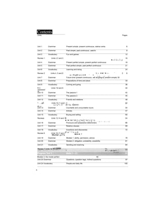 Contents
Units Pages
Unit 1 Grammar Present simple, present continuous, stative verbs 6
Unit 2 Grammar Past simple, past continuous, used to 9
Unit 3 Vocabulary Fun and games 12
Review 1 Units i| 2 and 3 16
■ i; Í: V ị::; Ĩ; ;ịị
Unit 4 Grammar Present perfect simple, present perfect continuous 18
Unit 5 Grammar Past perfect simpie. past perfect continuous 21
Unit 6 Vocabulary Learning and doing 24
Review 2 Units 4, 5 and 6 V. r. . ■ ■/.' ■ • • .
vv -Yf-vyM'--vv
;:
v-V ■ ' > : . .
tè$ V V
' 2 8
Unit 7 Grammar Future time (present continuous, will, be going to, present simple) 30
Unit 8 Grammar Prepositions of time and place 33
Unit 9 Vocabulary Coming and going 36
R 3
mmmmmĩ
M
Units 7,8 and 9 40
Unit 10 Grammar The passive 1 42
Unit 11 Grammar The passive 2 45
Unit 12 Vocabulary Friends and relations 48
^ . ., ỷjỆ.
■ -y.r
Units 10,11 and ]
/„v./ y,"!-,' 4 '
2
.M i 'i
:
ỉy,- 'ỂỳM M ĩ.
§2
Unit 13 Grammar Countable and uncountable nouns 54
Unit 14 Grammar Articles 57
Unit 15 Vocabulary Buying and selling 60
Reviews Units 13,14 and Ỉ ■
■ / ■ / N/i'.'ViV /í •/.'VyV'i' ’Vv'/ < V-' i'v
V-' Ạ . - V . - ' / ' T . v
:
:
-
A / ' - V v i V -
04
Unit 16 Grammar Pronouns and possessive determiners 66
Unit 17 Grammar Relative clauses 69
Unit 18 Vocabulary Inventions and discoveries 72
Review 6 Units 16,17 and J
■■wW&Z. yy/Y^/s
IP m ' ' ^ 7A .o /0
■■ ■ ■, ?
Unit 19 Grammar Modals 1: ability, permssion, advice 78
Unit 20 Grammar Modals 2: obligation, probability, possibility 81
Unit 21 Vocabulary Sending and receiving 84
ỵỵy/
r/
'y'■‘‘f■'■■■'■'t
Hv
iff I
r
,/  IfjV’j'M?''--
1
'
■ ■ :
'■ .■ 1
Review 7 Units 19, 20 and 21:
.' / A 'V ’ Í
V
" Í - ' V . Í / ■ . V - ' . ;- - . , . . TSBf
. > >./
Modals 3; the modal perfect 94
Unit 23 Grammar Questions, question tags, indirect questions 97
Unit 24 Vocabulary People and daily life 100
4
 