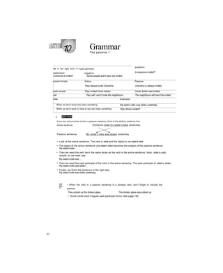 GrammarThe passive 1
be in the right form H
statement
Everyone is invited!
h past participle
negative
Some people aren't Ịare not) invited.
question
Is everyone invited?
present simple Active
They always invite Grandma.
Passive
Grandma is always invited.
past simple They invited Uncle Adrian. Uncle Adrian was invited.
will They will / won't invite the neighbours. The neighbours will /won't be invited.
Use Example
When we don’t know who does something My sister’s bike was stolen yesterday.
When we don’t want or need to say who does something Was Simon invited?
o Ipful hints
If you are not sure how to form a passive sentence, think of the active sentence first.
Active sentence: Someone stole mv sister’s bike yesterday.
Passive sentence: Mv sister’s bike was stolen yesterday.
• Look at the active sentence. The verb is stole and the object is my sister's bike.
• The object of the active sentence (my sister's bike) becomes the subject of the passive sentence.
My sister's bike ...
• Then we need the verb be in the same tense as the verb in the active sentence. Here, stole is past
simple, so we need was.
My sister's bike was ...
• Then we need the past participle of the verb in the active sentence. The past participle of steal is stolen.
My sister's bike was stolen ...
• Finally, we finish the sentence in the right way.
My sister's bike was stolen yesterday.
[W
atc
hl
• When the verb in a passive sentence is a phrasal verb, don’t forget to include the
particle.
They picked up the broken glass. The broken glass was picked up.
• Some verbs have irregular past participle forms. See page 182..
42
 