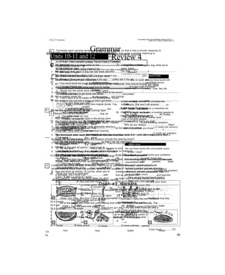 Units 10-11 and 12 Review 4
A : Complete using the verbs in the box.
apologise • defend • introduce • recognise • rent • respect • trust
1 'Who’s that over there?’
That’s Graham Western, the actor. Let
me.................................you.’
2 'Hi, Harry!’
'Oh! Hi, Rita! I didn’t.................................you
with your new hair style!’
3 Tm really sorry!’
‘There's no need to...................................’
4 Tm thinking of moving house soon.'
‘Do you want to buy or..................................
a place?’
5 ‘I wish I hadn’t told Rebecca some of my
secrets.’
‘Don’t worry. You can.................................
Rebecca. She won’t tell anyone.'
6 'Mr Parker is going to run a marathon for
charity.'
‘Yes, I really................................Mr Parker.
He does such a lot of charity work.’
7 I’m sure Billy didn’t say that!’
‘Why do you always.................................Billy?
He’s not perfect, you know!'
(1 mark per answer)
~B] Write one word in each gap.
8 Could you look........................our rabbit while we’re on holiday?
9 Tim was Sandy’s boyfriend, but they split..........................last month.
10 Kim and Katy have fallen........................with each other, so Kim isn’t going to invite Katy to her party.
11 Phil was brought........................by his uncle and aunt.
12 Is Gareth really going........................with Liz?
(1 mark per answer)
c Complete by changing the form of the word in capitals.
13 I’ve got so much.............................. ..............for 17 Karen apologised, so 1.......................................
Darren. ADMIRE her immediately. FORGIVE
14 Susie is so....................................... .......She’s 18 Andrea has got a great.......................................
always breaking things! CARE You’ll really like her! PERSON
15 Tony said his dad is a millionaire, but he’s 19 I’m not sure I’ve got the........................................
such a............................................. . LIE to sing in public! CONFIDENT
16 Lots of............................................. people live 20 1 hate people who are........................................
full and happy lives. ABLE HONEST
(1 mark per answer}
Units 10,11 and 12 Review 4
21 We gave my dad a surprise party on his
fortieth birthday, was
My dad.................................................................
.........................a
surprise party on his fortieth birthday.
22 After the play, they introduced us to all the
actors, we
After the play,..................................................
................to all the actors.
23 They've caught the person who stole your bike!
has
The person who stole your bike.............................
......................................caught!
24 No one had told me that Jill was coming! been
I.................................................................that Jill
was coming!
25 Our English teacher and our German teacher are
husband and wife, married
Our English teacher........................................
.........................our German teacher.
A neighbour is feeding our dog while we’re
away, being
Our dog.....7...........................................................
a neighbour while we're away.
27 Use a sharp knife to cut the cake, should
The cake.................................................................
a sharp knife.
28 I'm not interested in what you think! care
I...........................................",....................what
you think!
29 My parents don’t let me watch much TV at
home, allowed
I.................................................................to
watch much TV at home.
30 They're going to invite over a hundred people to
the wedding reception, going
Over a hundred people.....................................
.............................to the wedding reception.
(2 marks per answer)
~p] Complete each second sentence using the word given, so that it has a similar meaning to
the first sentence. Write between two and five words.
26
Choose the correct answer.
and
We can choose our friends, but we can't choose
our (31)..........................That doesn't mean,
though, that members of our family can't also be
our friends. Many children have such a good
relationship (32).........................their parents that
they see them as friends. Of course, when you’re
a teenager, you’ll have (33)..........................with
your parents. There will be times when you don't
(34)........................on very well with them. That's
only natural. There will be times when you want
to be (35).........................and solve your problems
(36......................... ) yourself. You’ll also
(37......................... ) your parents down
sometimes.
After all, nobody’s perfect and we all make
mistakes. But your parents understand that.
And as you grow (38)..........................and become
an adult, you’ll probably realise you have lots
of things in (39).........................with your mum
and dad and become even (40)..........................
............................................................to
them.
31 A couples B guests c strangers
32 A by B for c with
33 A moods B arguments c lies
34 A get B take c put
35 A divorced B single c grateful
36 A on B by c for
37 A let B make c take
38 A on B over c out
39 A private B common c contact
40 A fonder B more proud c closer
D relations D
from D
dishonesty D
set
D
independent
D with D fall D
up
^ ^ove
Ị1 mark per answer)
D more ordinary
Total mark:............/50
53
GrammarCountable and uncountable nouns
c Countable nouns ~y
Countable nouns have a singular and a plural form and take a singular or plural verb.
Countable nouns Example ro3 elpful hints
shop / shops There are over 100 shops in the new
shopping centre.
We use these words with
countable nouns:
• a, an • many
• a few • one, two, etc
baby / babies They've got some great toys for babies
in there.
dish / dishes We need to get some new dishes
for this evening.
A few countable nouns have irregular plurals. They include:
• one child, two children • one person, two people
• one foot, two feet • one tooth, two teeth
• one man, two men • one woman, two women
mmmim
-Q Uncountable nounsj*
1 --y-v. -__________— __ _____I_________Mi____________________
We cannot count some nouns (uncountable nouns). They do not have a plural form and take a singular verb, even
if they end in -s.
Some uncountable
nouns
Example
advice, bread, fruit, furniture, My money is in my wallet.
hair, homework, information, Your hair is really long!
money, news, paper, rice, work Yhe news was a complete
shock.
o elpful hints
We use these words with uncountable nouns:
• a little • much
• a bit of • a piece of
We use these words with both countable and
uncountable nouns:
• a iot of • some • lots of • the
We can use any in questions and negative
statements with both uncountable nouns and
plural countable nouns:
• Have we got any homework today?
• There aren’t any eggs left.
Watch • There are a few uncountable nouns that are plural and are followed by a plural verb. Be
careful with the following words.
• clothes
/ Your clean clothes are on the bed.
• jeans
/ Your new jeans look great!
• Some nouns are uncountable with one meaning and countable with another
meaning. / Get me some paper when you go to the shops. ( = a packet of paper to
write on) / Get me a paper when you go to the shops. ( = a newspaper)
wmmm
54
Countable and uncountable nouns Jnit 13
y Complete using the plural form of the words in the box.
child • foot • man • person • puppy • tooth • watch • woman
1 Did you know that Jason’s dog has had three beautiful................................................?
2 The Spice Girls was an all-girl band, so there weren't any.....................................................
3 It's a bit strange that Victor wears two................................................- one on each arm.
4 If..........................................do the same jobs as their husbands, they should be paid the same.
5 The dentist says I have to have two..............................................taken out!
6 How many...........................................were there at the show?
7 We've walked miles! My............................................are hurting!
8 Mrs Jenkins has just had a baby, so she's got three.................................................now.
B Circle the correct word or phrase.
1 Your money is / are on the table in the dining room.
2 The advice you gave me was / were really useful. Thanks!
3 The cakes in that shop looks / look absolutely delicious.
4 There has / have been a lot of bad news recently.
5 Your homework was / were late. Please do it sooner next time.
6 Does / Do the information about the museum include the opening times?
7 We need new furniture in the dining room. It’s / They’re very old and scratched.
8 The fish in this tank all seems / seem to be ill.
9 I love your hair. It’s / They’re really soft.
10 Oh, no! The rice has / have gone all over the floor!
0 Complete using the phrases in the box. You have to use some phrases more than once.
Where there is more than one answer, write all the answers.
a few • a little • a piece of • some
11
l*ATiR.
If
pj
sugar bread bottles water
n
fruit toys butter music
55
Unit 13 Grammar
D Complete each second sentence using the word given, so that it has a similar meaning to
the first sentence. Write no more than three words.
1 We don’t know anything about the problem, information
We don’t.............................................. ..............................about the problem.
2 Is it okay if I have some cheese? bit
Is it okay if I have.......................................................................cheese?
3 There’s only a little coffee left in the jar. much
There...................................................................coffee left in the jar.
4 I try not to drink too much Coca-Cola in a week, cans
I try not to drink too......................................................................of Coca-Cola in a week.
5 Would you like some more chocolate? piece
Would you like....................................................................chocolate?
6 I don’t want a lot of cream on my strawberries, cream
I..........................................................................................................only wanton my strawberries.
E Choose the correct answer.
1..................................... Be careful with that vase because it’s made of !
A glass B a glass
2 I started coughing because I had.............................at the back of my throat.
A hair B a hair
3........................................ Don’t put your hot cup on my new table! It’s and I don’t want you to burn it.
A wood B a wood
4 We should all recycle..........................so that it can be used again.
A paper B a paper
5 My dad gets.........................every day on his way to work.
A paper B a paper
6 Of course you can have some milk. Get..............................out of the cupboard.
A glass B a glass
J Write one word in each gap.
Ệ Open-air markets
Even if you only have a (1)...............................money, you can still have a great time at your
local open-air market. The clothes (2).................................cheap, and the fruit (3)...............................
cheap, too! Often, the food in your local supermarket (4)......................................travelled a long way,
but at the market you know that you'e buying food which has been produced Locally. The
vegetables (5)...........................fresh, even if you go Late in the day when there are only a
(6).........................left. Support your Local market and help local farmers. Contact your Town
Hall to find out if there are (7)...............................open-air markets in your area.
56
 