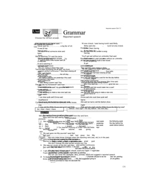 Unit Grammar
Reported speech
(& Reported speech
Use
Example
To report what someone else said
Form
Direct speech present simple
7 want to build a new house/ said Jill.
My daơ said that he’d written a song.
Reported speech past simple
Jill said she wanted to build a new house.
present continuous
We are making a dress/ they said.
past continuous
They said they were making a dress.
present perfect continuous 7 have been drawing all
day,' said Debbie.
past perfect continuous
Debbie said she had been drawing all day.
past simple
‘Jim made a card for me yesterday/ Amy said.
past perfect simple
Amy said Jim had made a card for her the day before.
past continuous
7 was writing a poem/ said Tina.
past perfect continuous
Tina said she had been writing a poem.
will
7 will make you a scarf,' my grandma said.
would
My grandma said she would make me a scarf.
am/is/are going to
'They are going to make a new one/ said Joe.
was/were going to
Joe said they were going to make a new one.
can
1 can draw quite well/ Emma said.
could
Emma said she could draw quite well.
must/have to
You have to visit the fashion show/ she said.
had to
She said we had to visit the fashion show.
may
7 may visit the White House next week/ said Polly.
might
Polly said she might visit the White House the following weef
elpful hints
We often have to change other words apart from the verb form.
time and place
he/she • here — there
l/me/they/them • now — then/at that moment
we— they • tomorrow —> the next day
us -► them • tonight — that night
my— his/her
my/their
pronouns
I
you -
next week
yesterday
last week
ago
the following week
the day before the
week before before
your
We only make tense changes when the reporting verb (say, etc) is in the past.
/ Tony says he is going to study architecture.
/ for?ysays he was going to study-architectarer
We don't change the past perfect simple and the
past perfect continuous.
/ 7 had seen the picture before.’-> He said he
had seen the picture before.
We also don’t change would, should, could and might / 7 might take
up painting/ — She said she might take up painting.
We can use verbs like apologise, deny, promise, refuse and suggest in reported speech.
/ Jan apologised for losing the picture. / Charlotte refused to let me see her painting.
/ He denied breaking the statue. / My dad suggested going to an art gallery.
/ Terence promised to help me decorate the
house.
Reported speech Jnit 31
Choose the correct answer.
Tm a big fan of U2/ Derek said.
Derek said he....................... a big fan of U2.
A was B has
been c had
been
'We're watching TV/ said the twins.
The twins said they........................TV.
A watched
B we
r
e watching c
had watched
‘You've been annoying me all aay!' my mum
said.
My mum said I......................her all day.
A annoyed B was
annoying c had been
annoying
The dog ate my homework!' said Ivan.
Ivan said the dog.......................his homework.
A was eating
B had eaten
c has eaten
‘At one o'clock, I was having lunch/ said Molly.
Molly said she . ... lunch at one o'clock.
A had Deen having
B has had c is
having
‘You'll get wet without an umbrella/ Dad said.
Dad said I.......................wet without an umbrella.
A will be getting
B got
c would get
‘He can juggle five balls!' said Angie.
Angie said he.......................five balls.
A juggled
B would juggle
c could juggle
‘You must give me your essays/ Mrs Vine said.
Mrs Vine said we.......................give her our
essays.
A were having
to B had to c
would have to
Complete using the words and phrases in the boxes.
his • their • them • there before • that night • the day before • the next day
1 Tm see
[
ng Simon torroTow/ Mary said.
Mary said she was seeing Simon.............................................
2 ‘We moved into the area two yea
r
s ago/ Bella said.
Bella said they had moved :nto the area two years ...
3 ‘Our teacher is giving us a test!’ said MiChelie.
Michelle said their teacher was giving
.........................................................................................................
4 ‘My aad gave me fitty pounds!' sasd Neil.
Neil said..........................................dad had given him fifty
pounds.
5 1 scored a great goal yesterday/ Manna said.
Marina said she had scored a great gcal
...........................................................................................................
6 ‘We saw our cousin at the fair/ said Ben.
Ben said they had seen..........................................cousm at the
fair.
7 1 left my wallet here/ Frank said.
Frank said he had left his wallet.............................................
8 Til Sleep well tonight!' said Arnie.
Arnie said he would sieep well.............................................
131
 