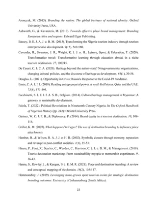 22
Aronczyk, M. (2013). Branding the nation: The global business of national identity: Oxford
University Press, USA.
Ashworth, G., & Kavaratzis, M. (2010). Towards effective place brand management: Branding
European cities and regions: Edward Elgar Publishing.
Bassey, B. E. J. A. J. o. B. M. (2015). Transforming the Nigeria tourism industry through tourism
entrepreneurial development. 9(15), 569-580.
Cavender, R., Swanson, J. R., Wright, K. J. J. o. H., Leisure, Sport, & Education, T. (2020).
Transformative travel: Transformative learning through education abroad in a niche
tourism destination. 27, 100245.
De Cesari, C. J. C. A. (2020). Heritage beyond the nation-state? Nongovernmental organizations,
changing cultural policies, and the discourse of heritage as development. 61(1), 30-56.
Douglas, L. (2021). Opportunity in Crisis: Russia's Response to the Covid-19 Pandemic.
Ennis, C. A. J. I. J. (2018). Reading entrepreneurial power in small Gulf states: Qatar and the UAE.
73(4), 573-595.
Facchinetti, S. J. E. I. f. A. S. B., Belgium. (2014). Cultural heritage management in Myanmar: A
gateway to sustainable development.
Falola, T. (2022). Political Revolutions in Nineteenth-Century Nigeria. In The Oxford Handbook
of Nigerian History (pp. 242): Oxford University Press.
Gartner, W. C. J. P. B., & Diplomacy, P. (2014). Brand equity in a tourism destination. 10, 108-
116.
Grillot, K. M. (2007). What happened in Vegas? The use of destination branding to influence place
attachments.
Hamber, B., & Wilson, R. A. J. J. o. H. R. (2002). Symbolic closure through memory, reparation
and revenge in post-conflict societies. 1(1), 35-53.
Hanna, P., Font, X., Scarles, C., Weeden, C., Harrison, C. J. J. o. D. M., & Management. (2018).
Tourist destination marketing: From sustainability myopia to memorable experiences. 9,
36-43.
Hanna, S., Rowley, J., & Keegan, B. J. E. M. R. (2021). Place and destination branding: A review
and conceptual mapping of the domain. 18(2), 105-117.
Hemmonsbey, J. (2019). Leveraging home-grown sport tourism events for strategic destination
branding outcomes: University of Johannesburg (South Africa).
 