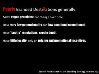 Poorly Branded DestiNations generally:
Make vague promises that change over time
Have very low general equity and low emotional commitment
Have “spotty” reputations, create doubt
Have little loyalty, rely on pricing and promotional incentives
Source: Ruth Stanat via the Branding Strategy Insider Blog
 