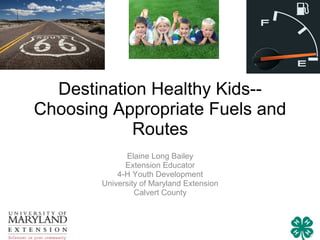 Destination Healthy Kids-Choosing Appropriate Fuels and
Routes
Elaine Long Bailey
Extension Educator
4-H Youth Development
University of Maryland Extension
Calvert County

 