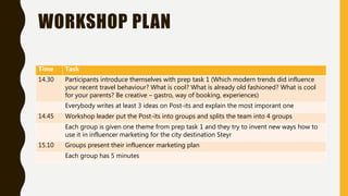WORKSHOP PLAN
Time Task
14.30 Participants introduce themselves with prep task 1 (Which modern trends did influence
your recent travel behaviour? What is cool? What is already old fashioned? What is cool
for your parents? Be creative – gastro, way of booking, experiences)
Everybody writes at least 3 ideas on Post-its and explain the most imporant one
14.45 Workshop leader put the Post-its into groups and splits the team into 4 groups
Each group is given one theme from prep task 1 and they try to invent new ways how to
use it in influencer marketing for the city destination Steyr
15.10 Groups present their influencer marketing plan
Each group has 5 minutes
 