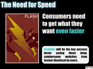 The Need for SpeedConsumers need to get what they want even faster Usability will be the key success factor saving those deep, cumbersome websites from instant dismissal by users.