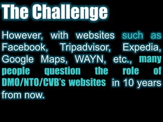 The ChallengeHowever, with websites such as Facebook,Tripadvisor, Expedia, Google Maps, WAYN, etc., many people question the role of DMO/NTO/CVB’s websites  in 10 years from now.