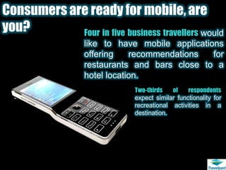 Consumers are ready for mobile, are you?Four in five business travellers would like to have mobile applications offering recommendations for restaurants and bars close to a hotel location.Two-thirds of respondents expect similar functionality for recreational activities in a destination.