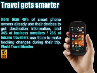 Travel gets smarterMore than 40% of smart phone owners already use their devices to get destination information, and 34% of business travellers / 26% of leisure travellers use them to make booking changes during their trip. World Travel Monitor
