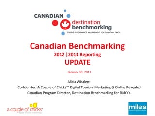 Canadian Benchmarking
                      2012 |2013 Reporting
                            UPDATE
                              January 30, 2013

                              Alicia Whalen:
Co-founder, A Couple of Chicks™ Digital Tourism Marketing & Online Revealed
      Canadian Program Director, Destination Benchmarking for DMO’s
 