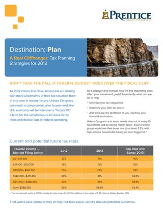 Destination: Plan
A Real Cliffhanger: Tax Planning
Strategies for 2013



DON’T TAKE THE FALL IF FEDERAL BUDGET GOES OVER THE FISCAL CLIFF

As 2012 comes to a close, Americans are dealing                                     As a taxpayer and investor, how will this impending crisis
                                                                                    affect your investment goals? Importantly, what can you
with more uncertainty in their tax situation than
                                                                                    do to help:
in any time in recent history. Unless Congress                                      l   	 Minimize your tax obligations
can reach a compromise prior to year-end, the
                                                                                    l   	 Maximize your after-tax return
U.S. economy will tumble over a “fiscal cliff,”
                                                                                    l   	 And increase the likelihood of you reaching your
a term for the simultaneous increase in tax                                               financial destination
rates and drastic cuts in federal spending.                                         Unless Congress acts soon, nearly nine out of every 10
                                                                                    households will be paying higher taxes. Every income
                                                                                    group would see their taxes rise by at least 3.5%, with
                                                                                    high-income households taking an even bigger hit.*


Current and potential future tax rates
   Taxable Income —                                                                                                            Top Rate with
                                                       2012                                    2013
   Married Filing Jointly                                                                                                      Surtax 2013 1
   $0–$17,400                                            10%                                    15%                                   15%

   $17,400–$70,700                                       15%                                    15%                                   15%

   $70,700–$142,700                                     25%                                     28%                                   28%

   $142,700–$217,450                                    28%                                     31%                                   34.8%

   $217,450–$388,350                                    33%                                     36%                                   39.8%

   Over $388,350                                        35%                                    39.6%                                  43.4%

1 The top rate with surtax in 2013 is simply the rate shown for 2013 in addition to the surtax of 3.8%. Source: Robert Keebler, CPA



That worst-case scenario may or may not take place, so let’s discuss potential outcomes.
 