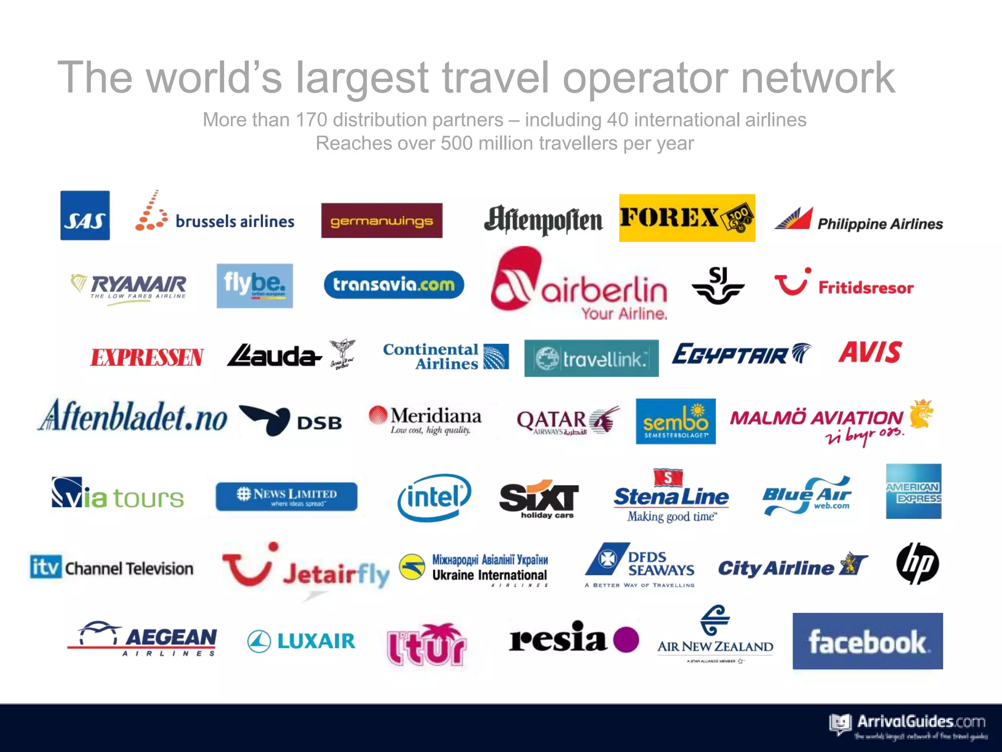 The world’s largest travel operator network
       More than 170 distribution partners – including 40 international airlines
                   Reaches over 500 million travellers per year
 