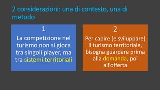 2 considerazioni: una di contesto, una di
metodo
1
La competizione nel
turismo non si gioca
tra singoli player, ma
tra sistemi territoriali
2
Per capire (e sviluppare)
il turismo territoriale,
bisogna guardare prima
alla domanda, poi
all’offerta
 