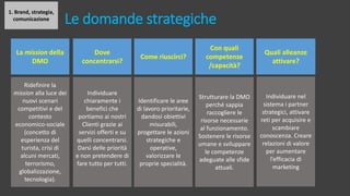 1. Brand, strategia,
comunicazione Le domande strategiche
La mission della
DMO
Dove
concentrarsi?
Come riuscirci?
Con quali
competenze
/capacità?
Quali alleanze
attivare?
Ridefinire la
mission alla luce dei
nuovi scenari
competitivi e del
contesto
economico-sociale
(concetto di
esperienza del
turista, crisi di
alcuni mercati,
terrorismo,
globalizzazione,
tecnologia).
Individuare
chiaramente i
benefici che
portiamo ai nostri
Clienti grazie ai
servizi offerti e su
quelli concentrarsi.
Darsi delle priorità
e non pretendere di
fare tutto per tutti.
Identificare le aree
di lavoro prioritarie,
dandosi obiettivi
misurabili,
progettare le azioni
strategiche e
operative,
valorizzare le
proprie specialità.
Strutturare la DMO
perché sappia
raccogliere le
risorse necessarie
al funzionamento.
Sostenere le risorse
umane e sviluppare
le competenze
adeguate alle sfide
attuali.
Individuare nel
sistema i partner
strategici, attivare
reti per acquisire e
scambiare
conoscenza. Creare
relazioni di valore
per aumentare
l’efficacia di
marketing
 