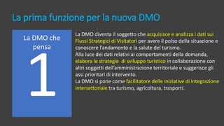 La prima funzione per la nuova DMO
La DMO che
pensa
La DMO diventa il soggetto che acquisisce e analizza i dati sui
Flussi Strategici di Visitatori per avere il polso della situazione e
conoscere l’andamento e la salute del turismo.
Alla luce dei dati relativi ai comportamenti della domanda,
elabora le strategie di sviluppo turistico in collaborazione con
altri soggetti dell’amministrazione territoriale e suggerisce gli
assi prioritari di intervento.
La DMO si pone come facilitatore delle iniziative di integrazione
intersettoriale tra turismo, agricoltura, trasporti.
 