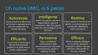 Un nuova DMO, in 6 parole
Autorevole
Essere un punto di riferimento
per territori e operatori grazie
alle sue competenze e ai
risultati che porta
Intelligente
Essere «sul pezzo», attenta ai
segnali deboli, capace di
interpretare i dati, faro e guida
delle decisioni strategiche di un
territorio
Reattiva
Essere capace di intervenire per
gestire crisi ed emergenze, in
risposta alle sollecitazioni
interne ed esterne
Efficiente
L’importanza di emanciparsi
dal solo finanziamento
pubblico, e di usare bene le
risorse a disposizione
Persuasiva
Essere competente
nell’ecosistema della
comunicazione per raccontare
ed emozionare, ispirare e
motivare il turista
Efficace
Mirare al mercato, dialogare
con le nicchie, distribuire
contenuti di valore e rilevanti,
affiancare nella vendita. E
misurare i risultati
 