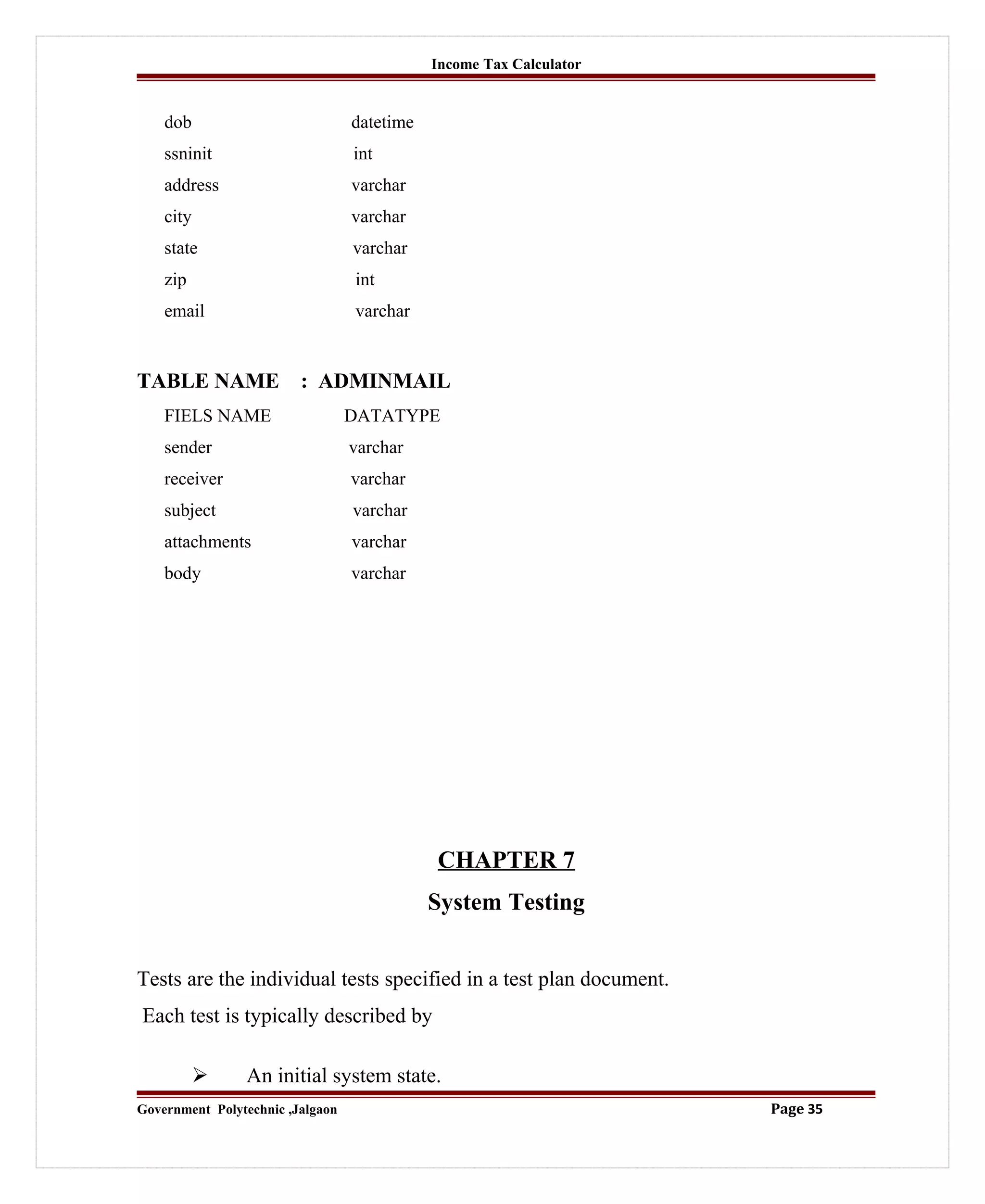 Income Tax Calculator
dob datetime
ssninit int
address varchar
city varchar
state varchar
zip int
email varchar
TABLE NAME : ADMINMAIL
FIELS NAME DATATYPE
sender varchar
receiver varchar
subject varchar
attachments varchar
body varchar
CHAPTER 7
System Testing
Tests are the individual tests specified in a test plan document.
Each test is typically described by
 An initial system state.
Government Polytechnic ,Jalgaon Page 35
 