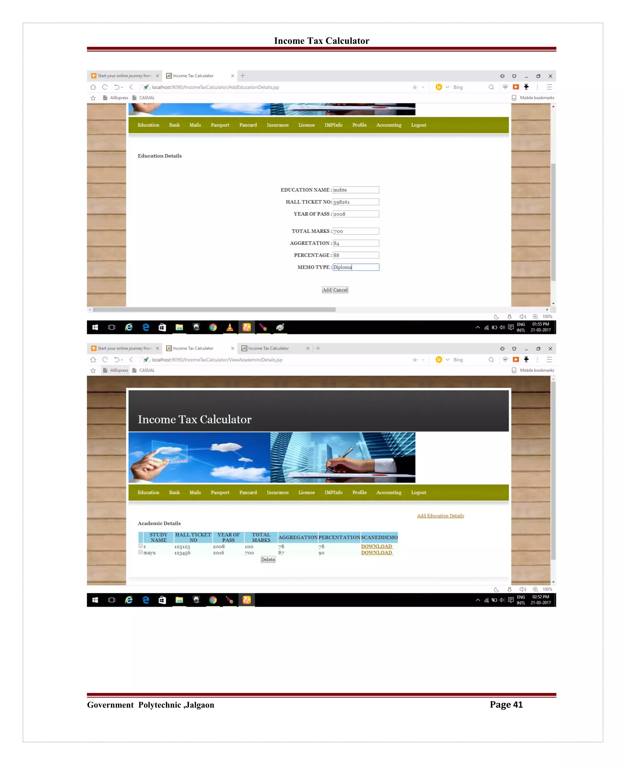 Income Tax Calculator
Government Polytechnic ,Jalgaon Page 41
 