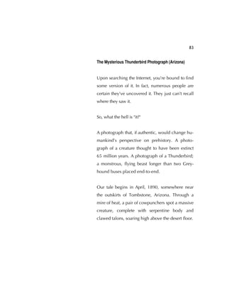 83
The Mysterious Thunderbird Photograph (Arizona)
Upon searching the Internet, you're bound to ﬁnd
some version of it. In fact, numerous people are
certain they've uncovered it. They just can't recall
where they saw it.
So, what the hell is "it?"
A photograph that, if authentic, would change hu-
mankind’s perspective on prehistory. A photo-
graph of a creature thought to have been extinct
65 million years. A photograph of a Thunderbird;
a monstrous, ﬂying beast longer than two Grey-
hound buses placed end-to-end.
Our tale begins in April, 1890, somewhere near
the outskirts of Tombstone, Arizona. Through a
mire of heat, a pair of cowpunchers spot a massive
creature, complete with serpentine body and
clawed talons, soaring high above the desert ﬂoor.
 