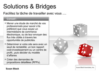 Solutions & Bridges Facilitez la tâche de travailler avec vous ....  Conseil : Mener une étude de marché de vos professionnels pour savoir s’ils préfèrent que vous soyez un intermédiaire de commerce électronique, ou de leur envoyer des flux très ciblés à travers les opportunités de publicités. Déterminer si votre site sera avec un seuil de rentabilité, un bon rapport coût-investissement ou un centre de profit...puis décider du modèle d’affaires Créer des demandes de propositions détaillées (RFPs). Susan Black 
