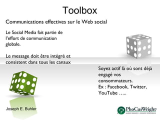 Toolbox Communications  effectives   sur le Web social Le Social Media fait partie de l’effort de communication globale. Le message doit être intégré et consistent dans tous les canaux Soyez actif là où sont déjà engagé vos consommateurs.  Ex : Facebook, Twitter, YouTube ….. Joseph E. Buhler 