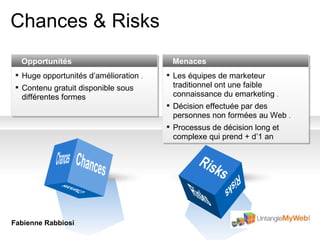 Chances & Risks Chances Chances Risks Risks Risks Chances Opportunités Huge opportunités d’amélioration  .  Contenu gratuit disponible sous différentes formes Menaces Les équipes de marketeur traditionnel ont une faible connaissance du emarketing  .  Décision effectuée par des personnes non formées au Web  . Processus de décision long et complexe qui prend + d’1 an  Fabienne Rabbiosi 