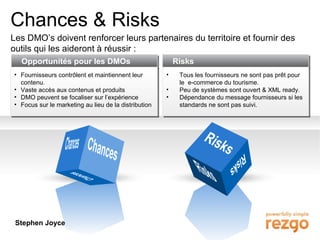 Chances & Risks Les DMO’s doivent renforcer leurs partenaires du territoire et fournir des outils qui les aideront à réussir : Chances Chances Risks Risks Risks Chances Opportunités pour les DMOs Fournisseurs contrôlent et maintiennent leur contenu. Vaste accès aux contenus et produits DMO peuvent se focaliser sur l’expérience Focus sur le marketing au lieu de la distribution Risks Tous les fournisseurs ne sont pas prêt pour le  e-commerce du tourisme. Peu de systèmes sont ouvert & XML ready. Dépendance du message fournisseurs si les standards ne sont pas suivi. Stephen Joyce 