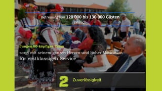 Betreuung von 120 000 bis 130 000 Gästen
jährlich
Junges 80-köpfiges Team
sorgt mit seinem ganzen Herzen und hoher Motivation
für erstklassigen Service
Zuverlässigkeit
2
 