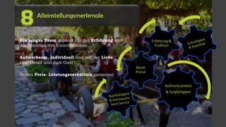 Alleinstellungsmerkmale
8
Aufmerksamkeit
& Sorgfältigkeit
Beste
Preise
Erfahrung &
Tradition
Ein junges Team gepaart mit der Erfahrung und
der Tradition des Unternehmens
Aufmerksam, individuell und mit der Liebe
zum Detail und zum Gast
Bestes Preis- Leistungsverhältnis garantiert
 