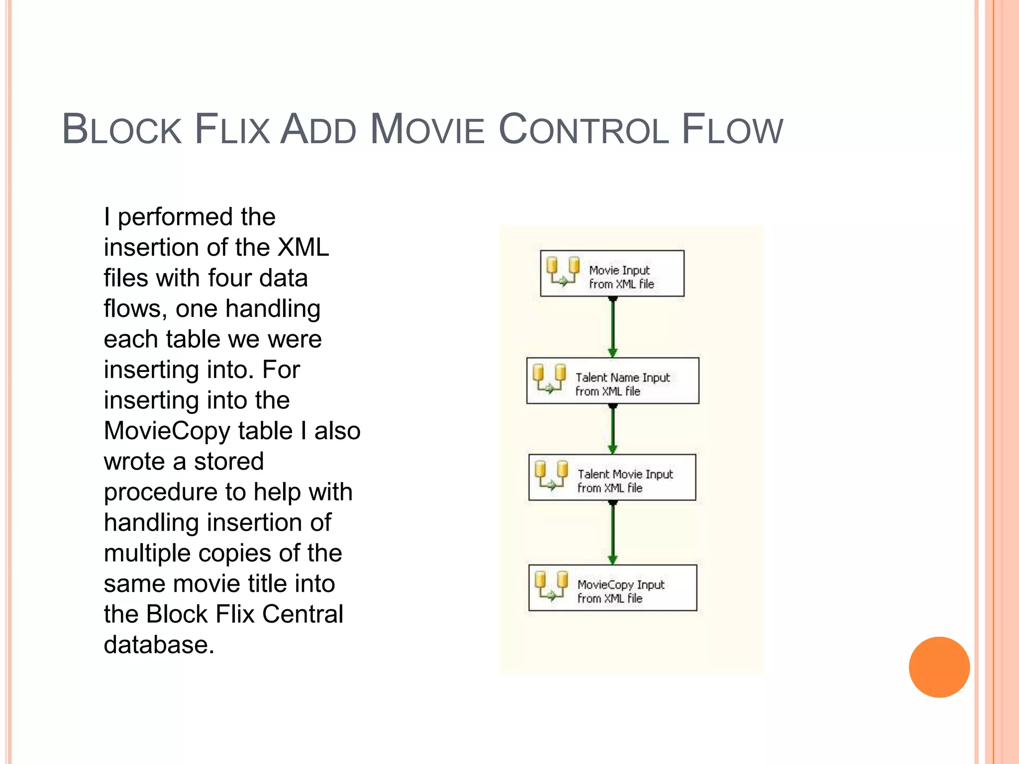 Block Flix Add Movie Control FlowI performed the insertion of the XML files with four data flows, one handling each table we were inserting into. For inserting into the MovieCopy table I also wrote a stored procedure to help with handling insertion of multiple copies of the same movie title into the Block Flix Central database.