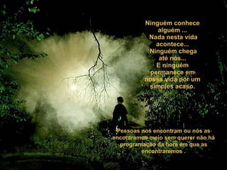 Ninguém conhece alguém ...  Nada nesta vida acontece...  Ninguém chega até nós... E ninguém permanece em nossa vida por um simples acaso. Pessoas nos encontram ou nós as encontramos meio sem querer não há programação da hora em que as encontraremos . 