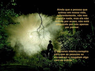 Ainda que a pessoa que entrou em nossa vida, aparentemente, não nos ofereça nada, mas ela não entrou por acaso, não está passando por nós apenas por passar. O universo inteiro conspira para que as pessoas se encontrem e resgatem algo com as outras.  