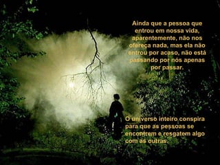Ainda que a pessoa que entrou em nossa vida, aparentemente, não nos ofereça nada, mas ela não entrou por acaso, não está passando por nós apenas por passar. O universo inteiro conspira para que as pessoas se encontrem e resgatem algo com as outras.  