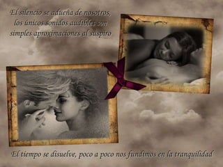 El silencio se adueña de nosotros,
  los únicos sonidos audibles son
simples aproximaciones al suspiro




El tiempo se disuelve, poco a poco nos fundimos en la tranquilidad
 
