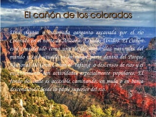 El cañón de los colorados
Una  vistosa  y  escarpada  garganta  excavada  por  el  río 
Colorado en el norte de Arizona, Estados Unidos. El Cañón 
está  considerado  como  una  de  las  maravillas  naturales  del 
mundo  y  está  situado  en  su  mayor  parte  dentro  del  Parque 
Nacional del Gran Cañón el  rafting  o descensos de ríos y el 
excursionismo  son  actividades  especialmente  populares.  El 
fondo  del  valle  es  accesible  caminando,  en  mula  o  en  barca 
descendiendo desde la parte superior del río.
 