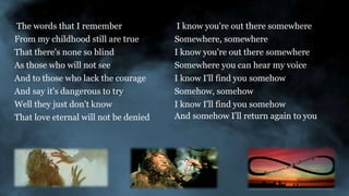 The words that I remember
From my childhood still are true
That there's none so blind
As those who will not see
And to those who lack the courage
And say it's dangerous to try
Well they just don't know
That love eternal will not be denied
I know you're out there somewhere
Somewhere, somewhere
I know you're out there somewhere
Somewhere you can hear my voice
I know I'll find you somehow
Somehow, somehow
I know I'll find you somehow
And somehow I'll return again to you
 